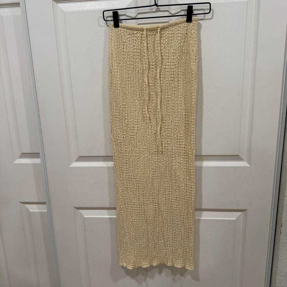 Zara Popcorn Texture Midi Skirt Cream Off White Drawstring Waist Small